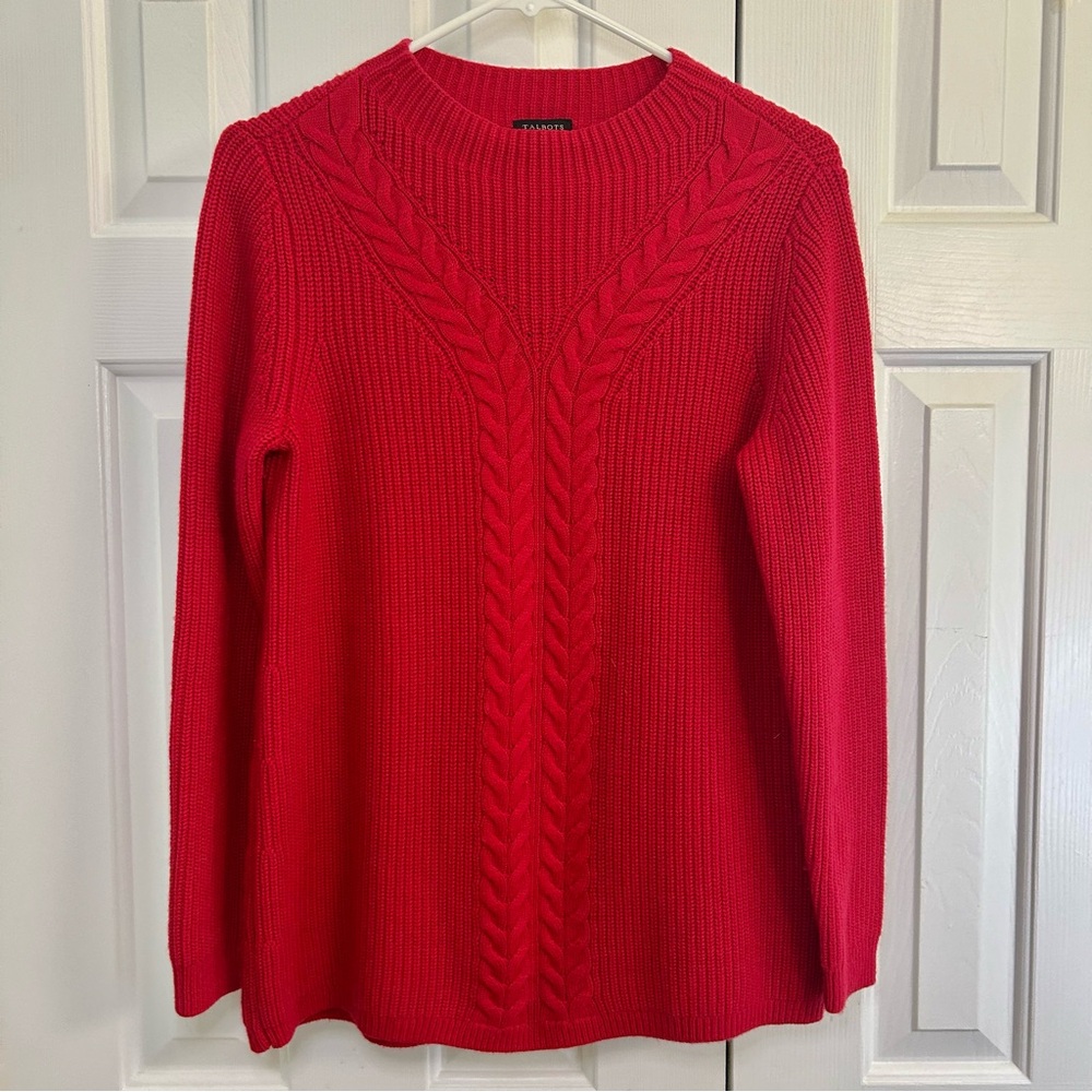 Talbots Lambswool Blend Cable Knit Crew Knit Red Holiday Sweater Size XS